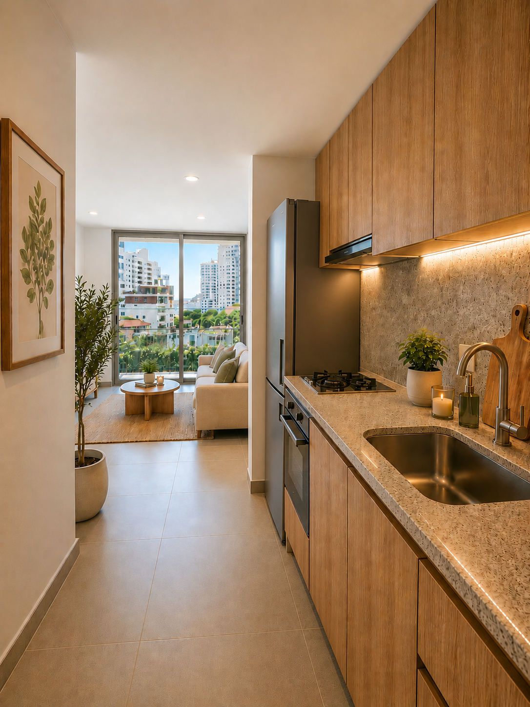Tipo 3 — Cocina integrada y sala con balcón